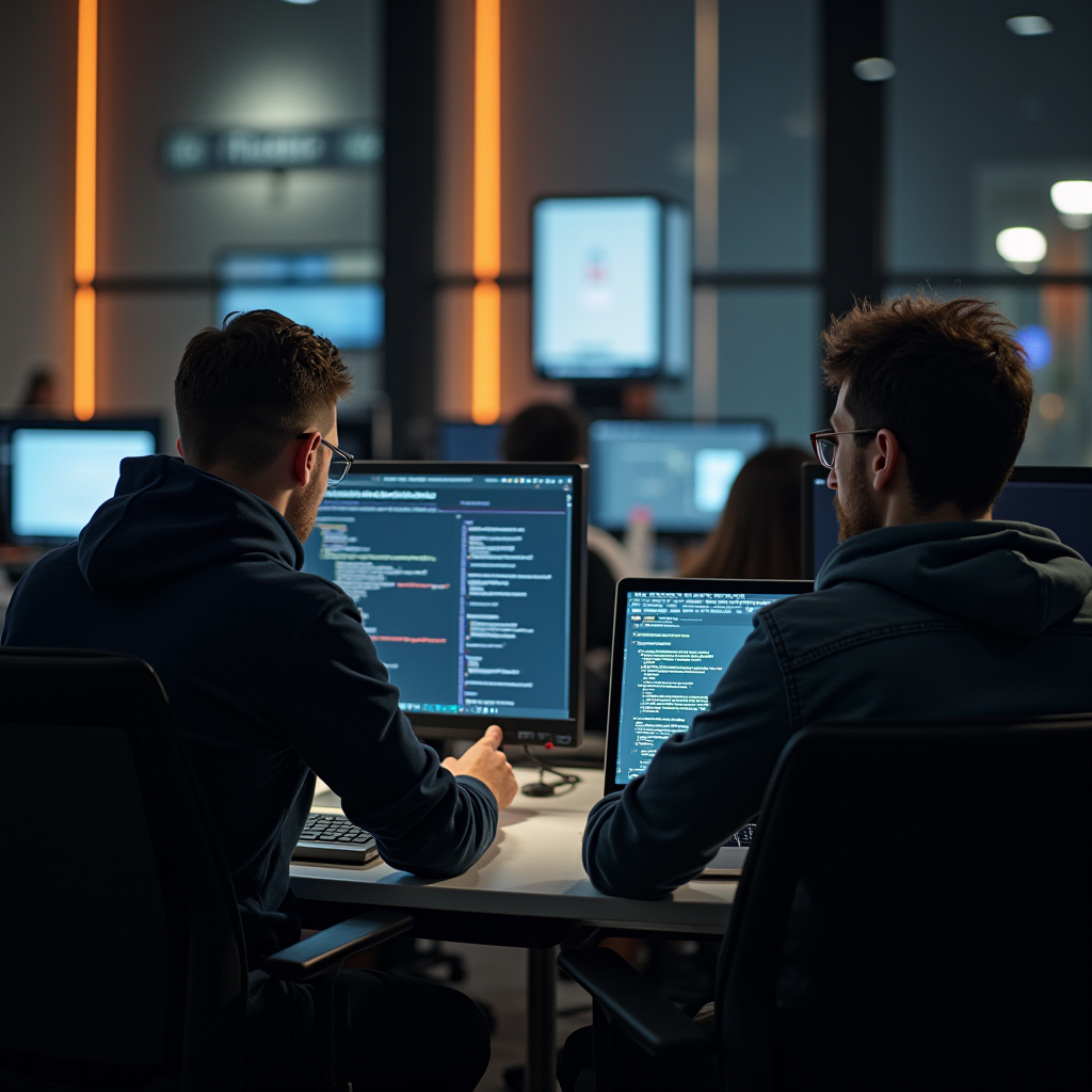 Programmers working late at their desks with multiple computer screens displaying code.