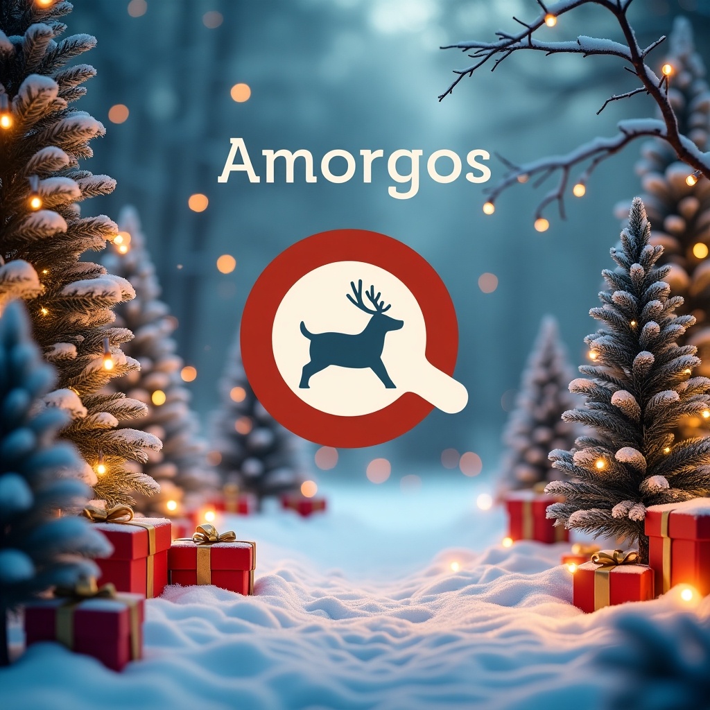 This image beautifully integrates the Amorgos logo into a festive Christmas scene. The background features a snowy path flanked by decorated evergreen trees and glowing lights, capturing the essence of a winter wonderland. Gift boxes are scattered along the path, enhancing the holiday spirit. The logo stands out in the center, harmonizing with the warm, inviting atmosphere. This visually striking image is perfect for wishing everyone a Merry Christmas on social media.