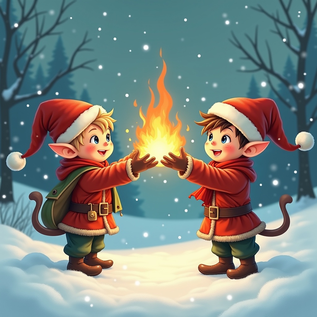 Two cute boy elves throwing flaming snowballs. Winter scene with snow, trees in the background and playful interaction of elves.