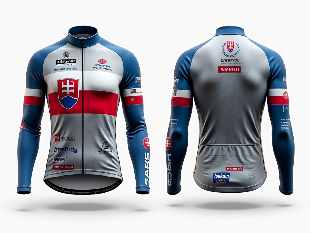 The image shows a long-sleeved cycling jersey with a modern and sporty design. The jersey is predominantly light gray with blue and red accents. On one sleeve and part of the torso, there is a stylized Slovak flag design. Numerous logos and graphical elements are printed across both the front and back of the jersey. A name is printed on the back, along with additional decorative patterns and branding elements.