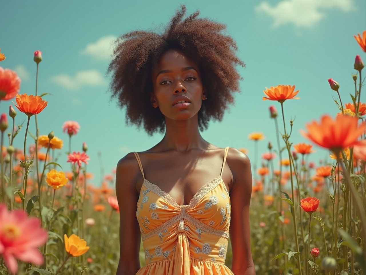 A serene image of a woman standing amidst a vibrant field of orange and yellow flowers. She is wearing a sun dress that complements the floral hues, evoking a warm, summery atmosphere. The background sky is a soft blue with wispy clouds, enhancing the image's tranquil and harmonious feel.