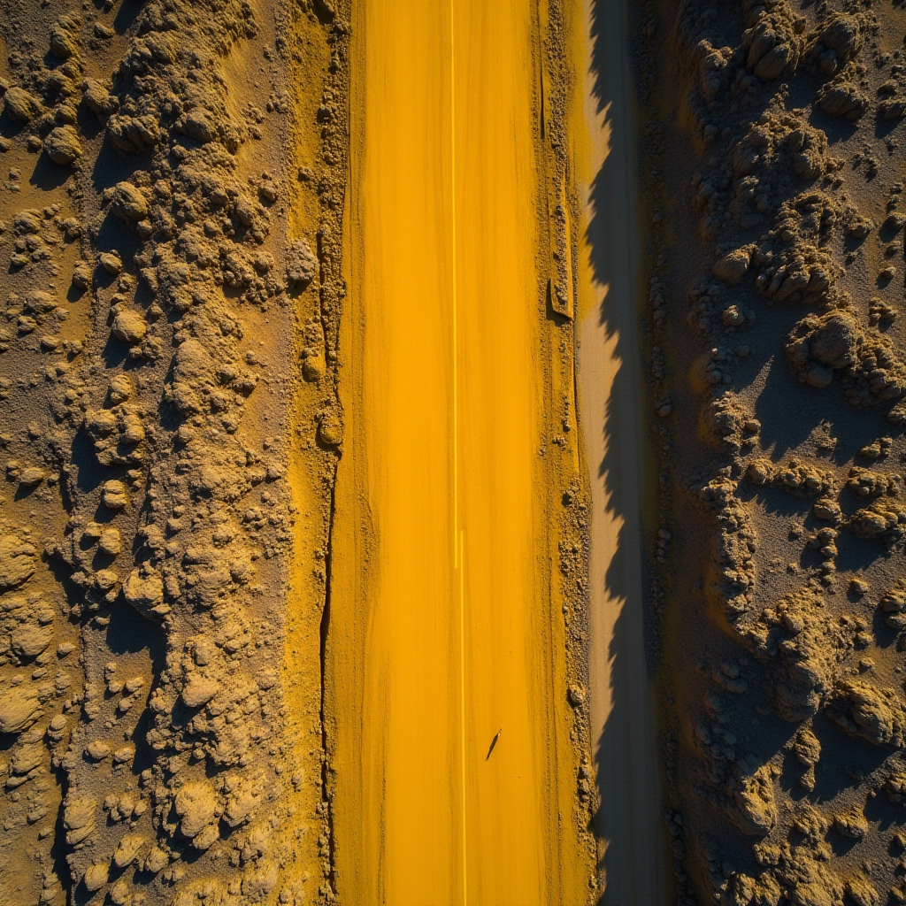 Aerial view of a bright yellow road cutting through rocky terrain.