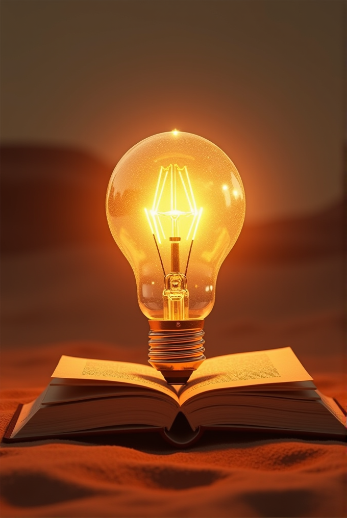 A glowing light bulb resting on an open book, symbolizing ideas and learning.