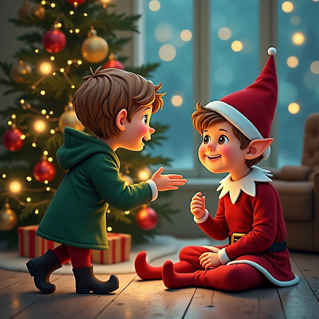 Illustration of a Christmas elf interacting with children. The scene is set in a cozy room decorated with a Christmas tree and gifts. The elf is dressed in traditional attire and engaging with a child. Warm lighting enhances the festive atmosphere.