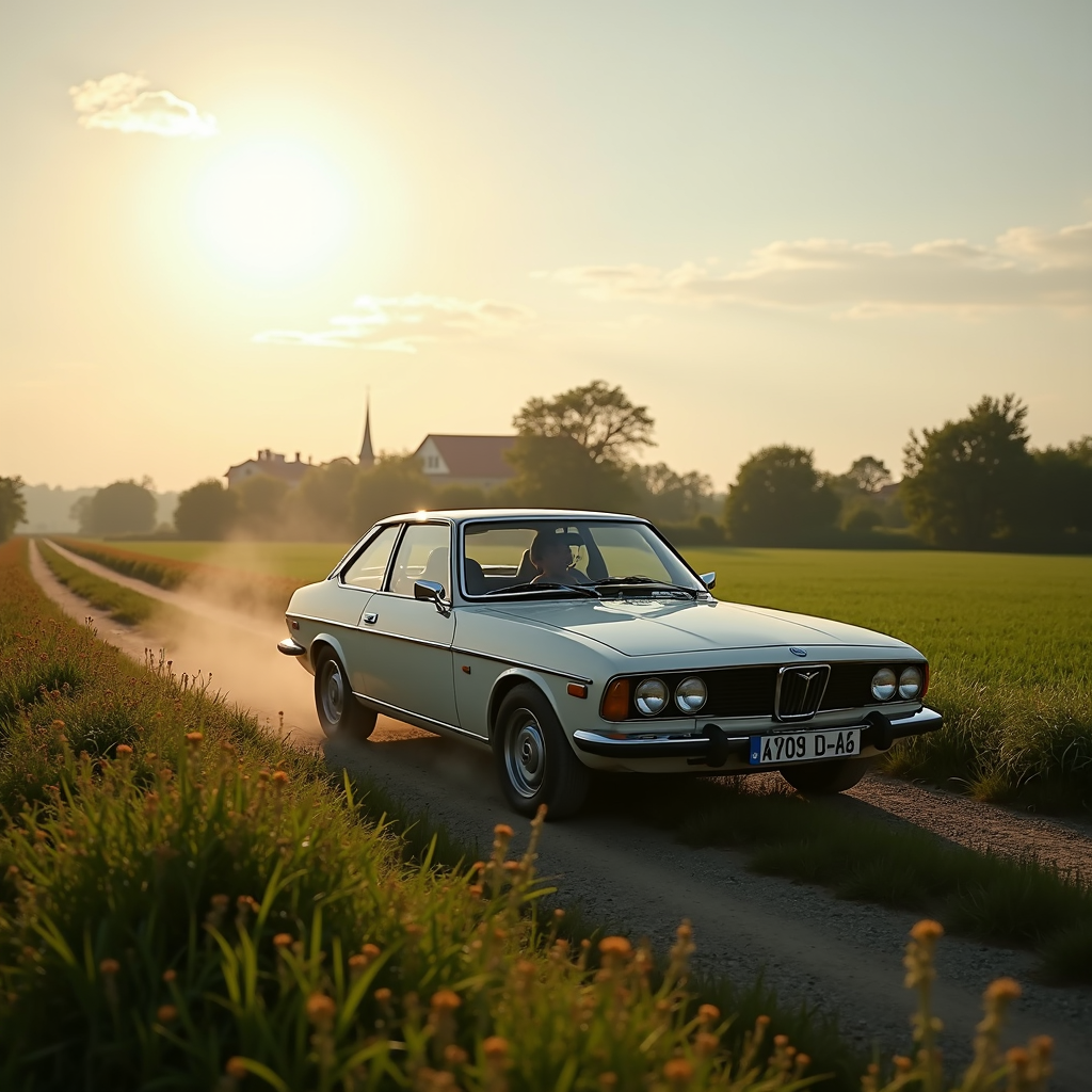 A classic car drives along a countryside dirt road at sunset, surrounded by lush green fields.