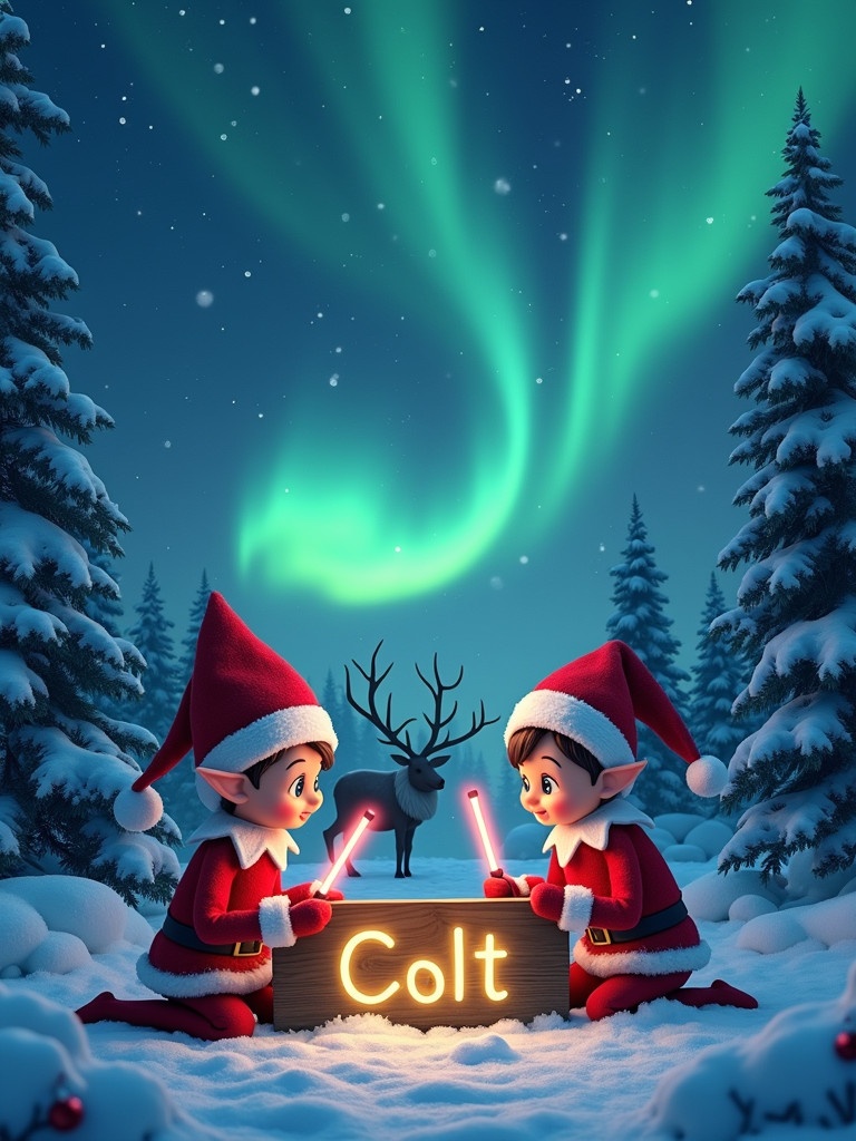 Two traditional elves sit in a snowy forest. They use glowstick wands to write 'Colt' on a wooden sign. The night sky has stars and northern lights. Elves wear festive outfits. Snow-covered pine trees surround them. A reindeer appears in the background.