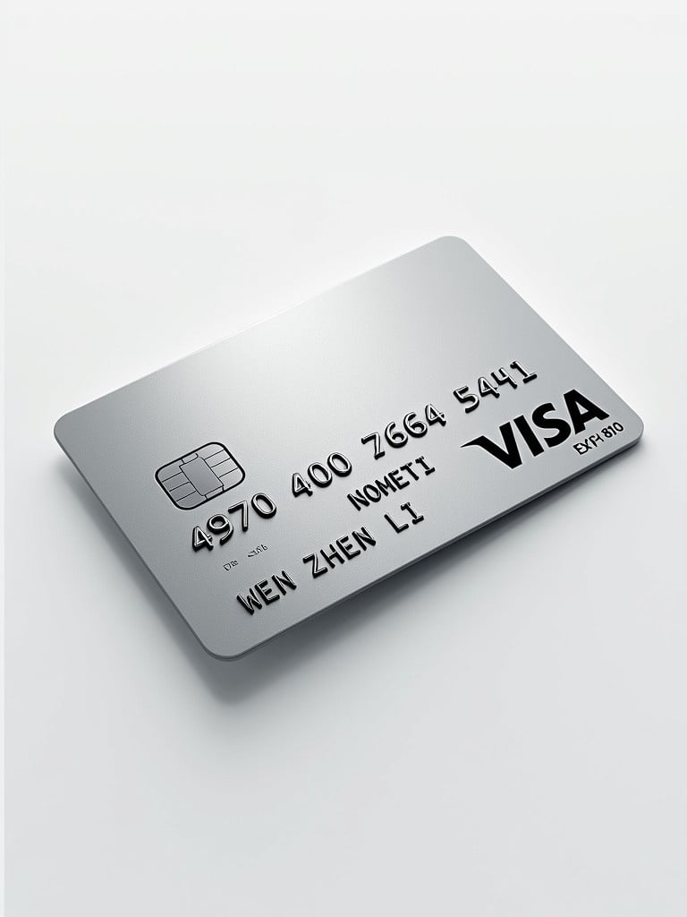 Image of a modern realistic credit card with clear details. Features the Visa logo. Card number displayed. Cardholder's name is Wen Zhen Li. Expiry date shows September 810. Silver background with black font.