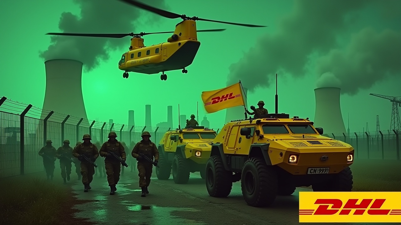 In a dramatic and intense scene, several yellow armoured vehicles emblazoned with the DHL logo approach a fence. Soldiers equipped with rifles march in unison, showcasing their disciplined formation. One soldier proudly holds a flag featuring the DHL logo, symbolizing strength and unity. In the backdrop, you see glowing green smokestacks of a nuclear power plant, enhancing the scene's tension. Above, a yellow Chinook cargo helicopter flies ominously under a green sky, adding to the dramatic atmosphere. The DHL logo in bold yellow text grounds the image in branding.