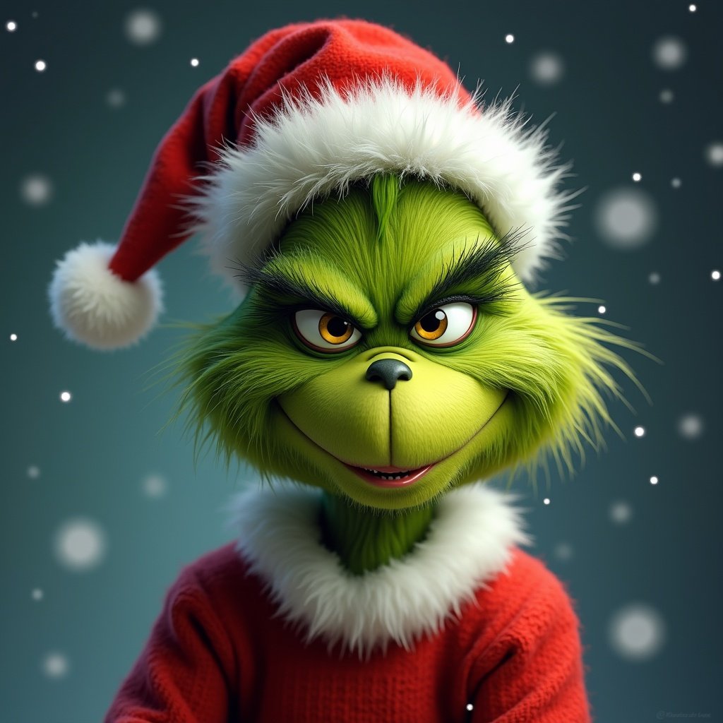 A Grinch character with a mischievous expression. Wears a Santa hat and red sweater. Snowflakes falling in the background create a festive scene.