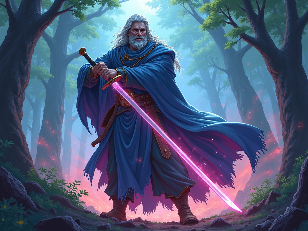 The image depicts a mystical warrior clad in blue robes, standing confidently in a magical forest. He wields a glowing sword that radiates a pinkish hue, illuminating the surrounding trees with an ethereal light. The forest, with tall trees and a misty atmosphere, adds an element of enchantment, enhancing the aura of mystery and power surrounding the character.