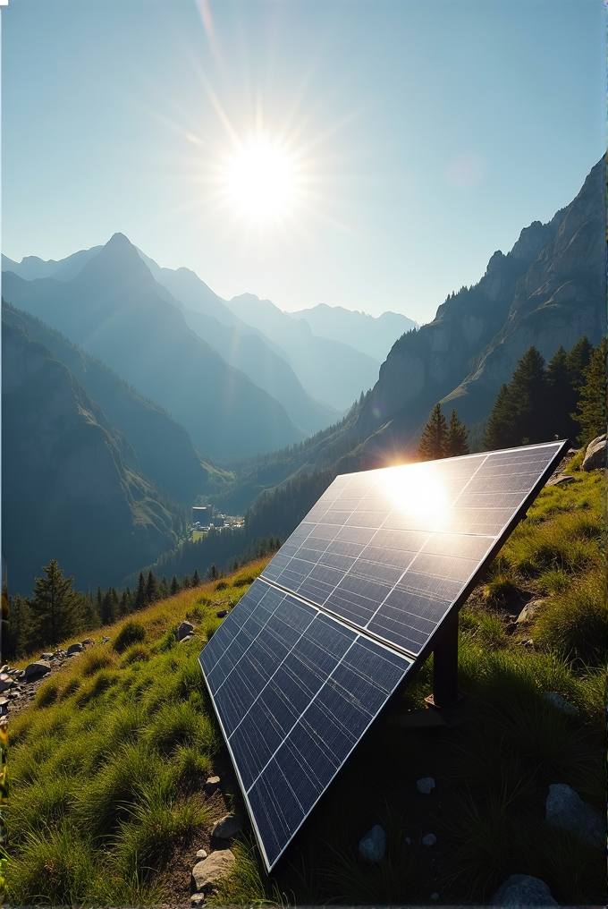 A solar panel is positioned on a grassy hillside in a mountainous landscape with the sun shining brightly over distant peaks.