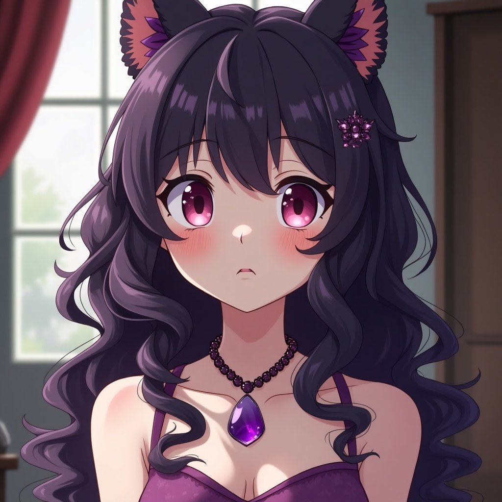 Anime-style female character with dark purple hair and pink eyes wearing a necklace with a purple gemstone pendant. Inside a softly lit room with a cozy atmosphere.