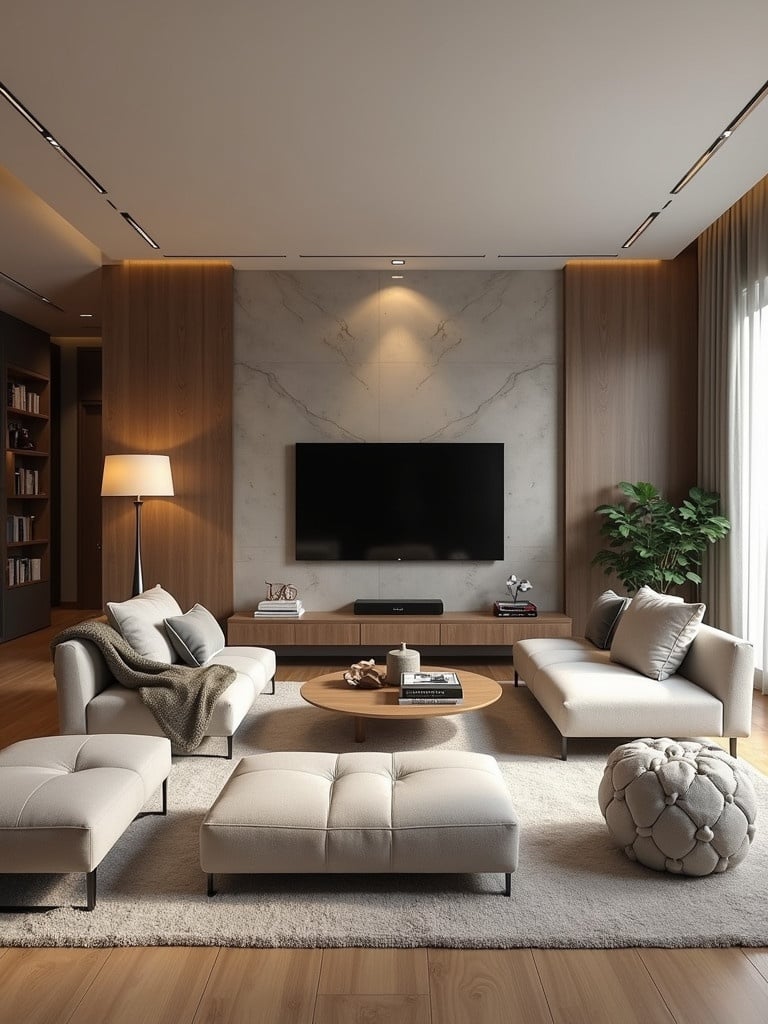 Professional living room design with modern furniture and elegant decor. Features a comfortable seating area, a TV on a marble wall, and warm lighting. Neutral color palette with cozy elements.