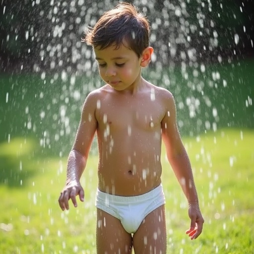 Cute little boy aged seven playing in a sprinkler wearing white briefs outdoors.