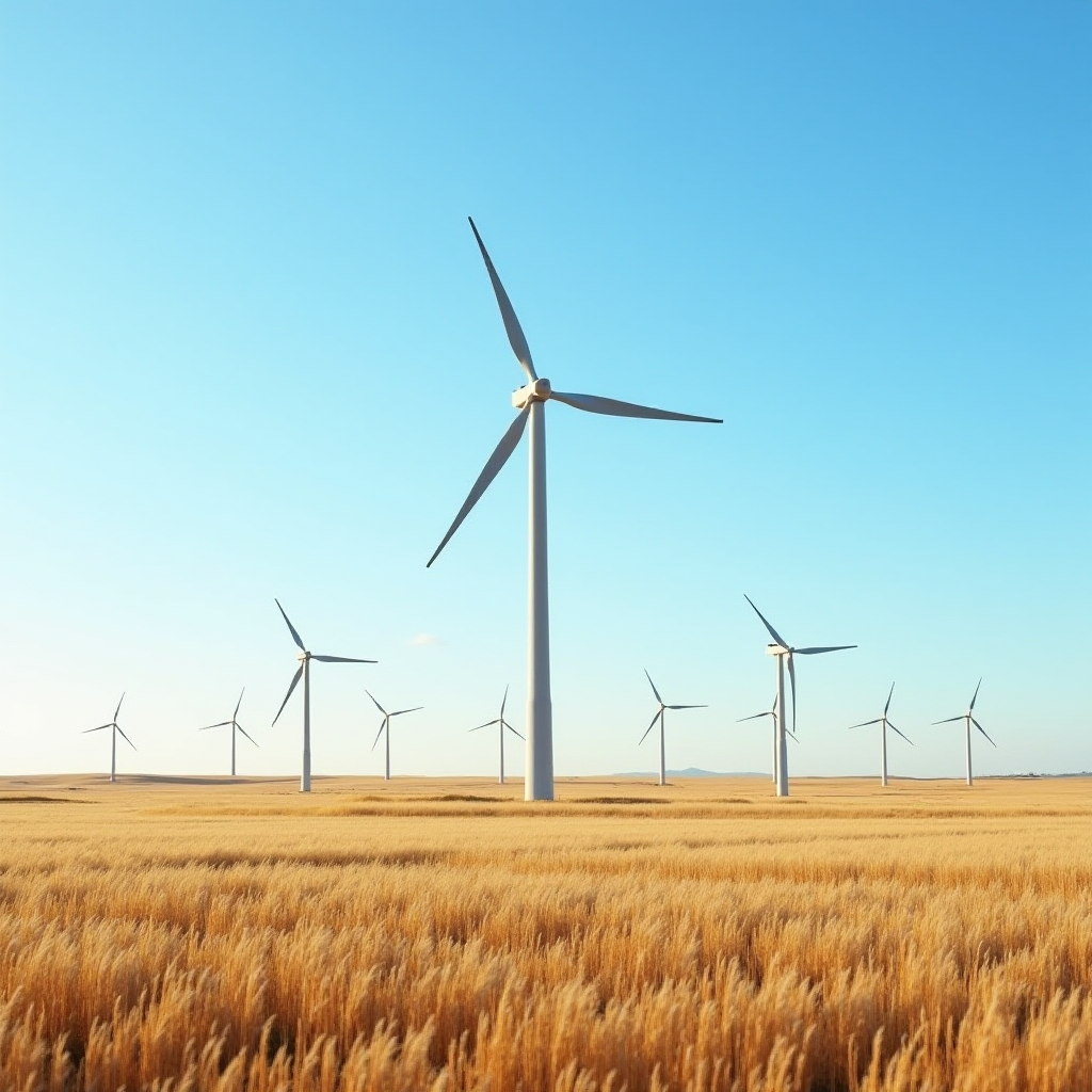 A field of golden wheat with several modern wind turbines against a bright blue sky.