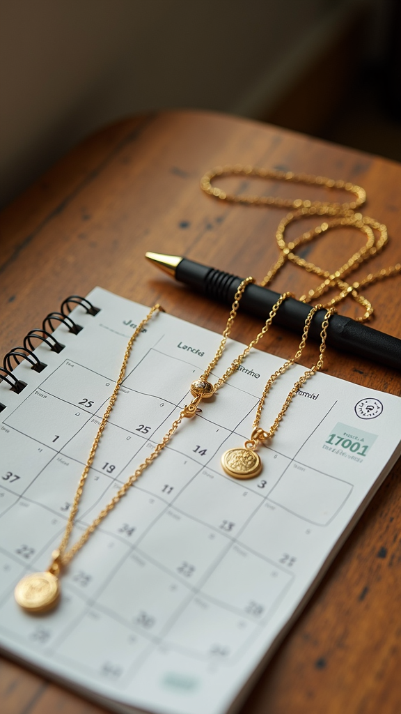 A wooden table holds a calendar, two gold necklaces, and a sophisticated pen.