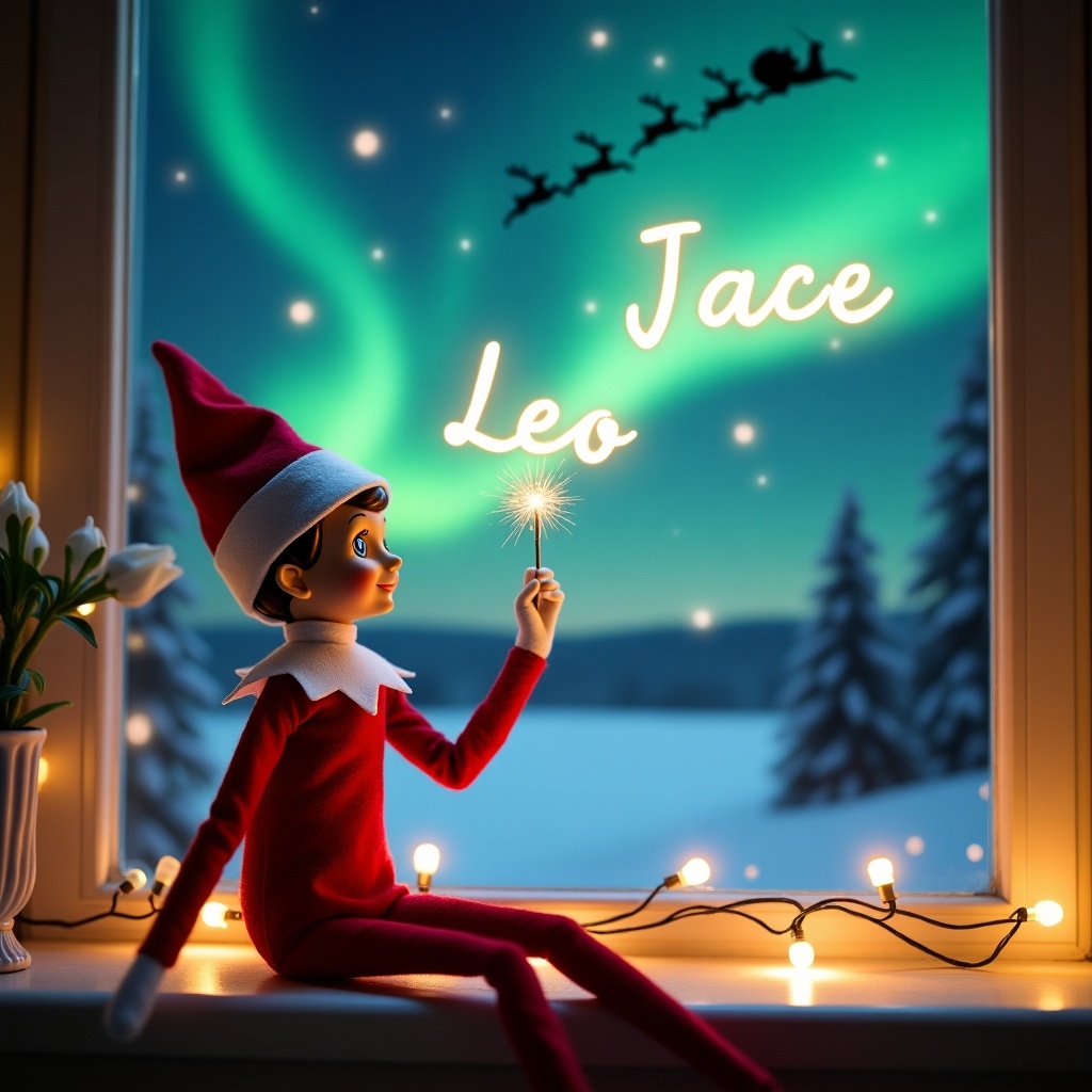 An elf on the shelf sits on a windowsill facing a magical sky. The elf wears red and white and uses a wand to write names. The night sky features northern lights and Santa Claus. The names 'Leo' and 'Jace' glow.