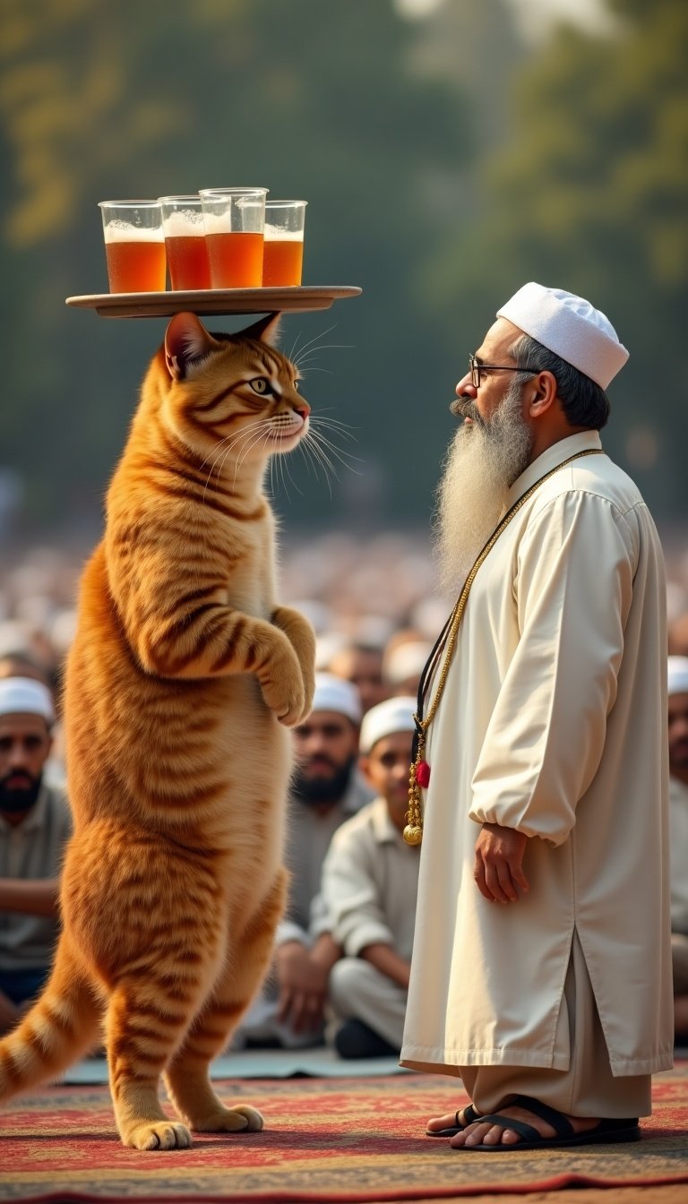 Standing image featuring an anthropomorphic orange cat. The cat stands amid a crowd at a religious gathering. It balances a tray of glasses on its head. The preacher in a white robe glares at the cat. The cat displays patience. Background shows an audience seated on mats outdoors. Natural lighting enhances details.