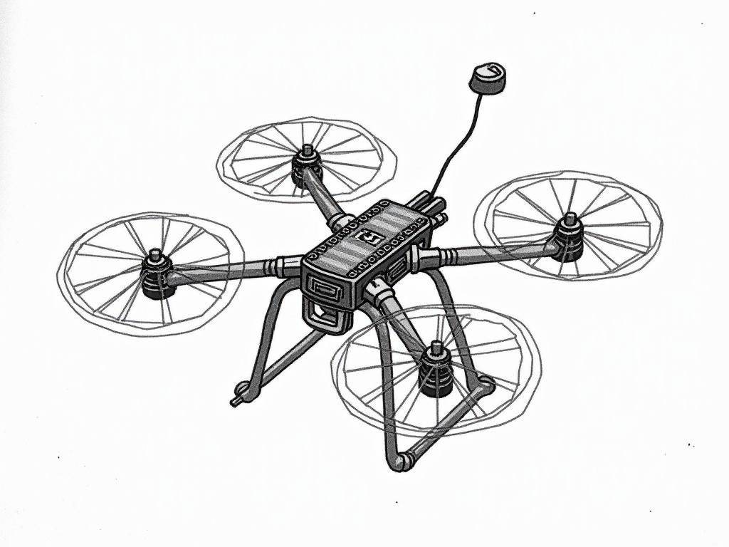 This image depicts a detailed sketch of a bionic winged agricultural drone designed for farming applications. The drone features four propellers and an Arduino connection for functionality. It is intended to spray water on plants and monitor temperature, showcasing its dual capabilities. The design is sleek and technical, perfect for agritech projects. The use of a simplified black-and-white drawing emphasizes the drone's features and construction.