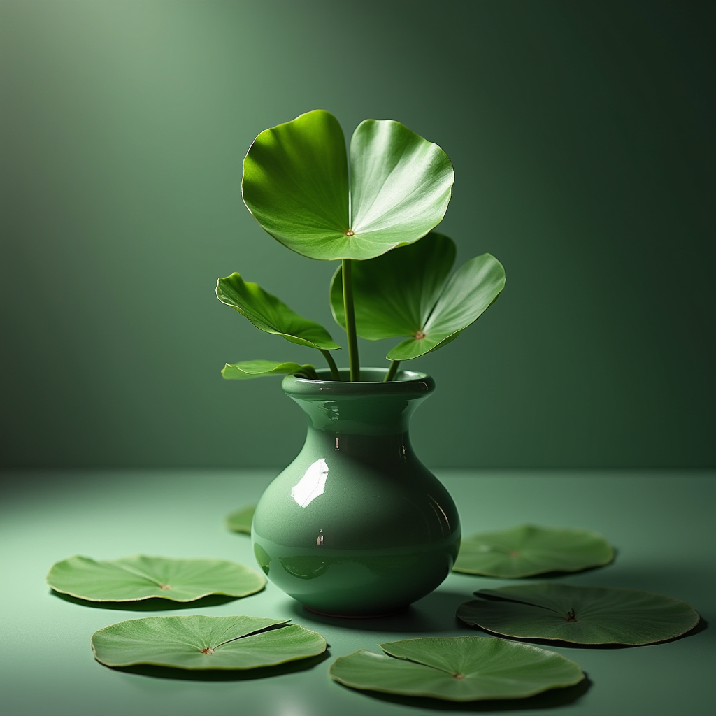 A green vase with broad leaves surrounded by similar scattered leaves on a matching green surface.