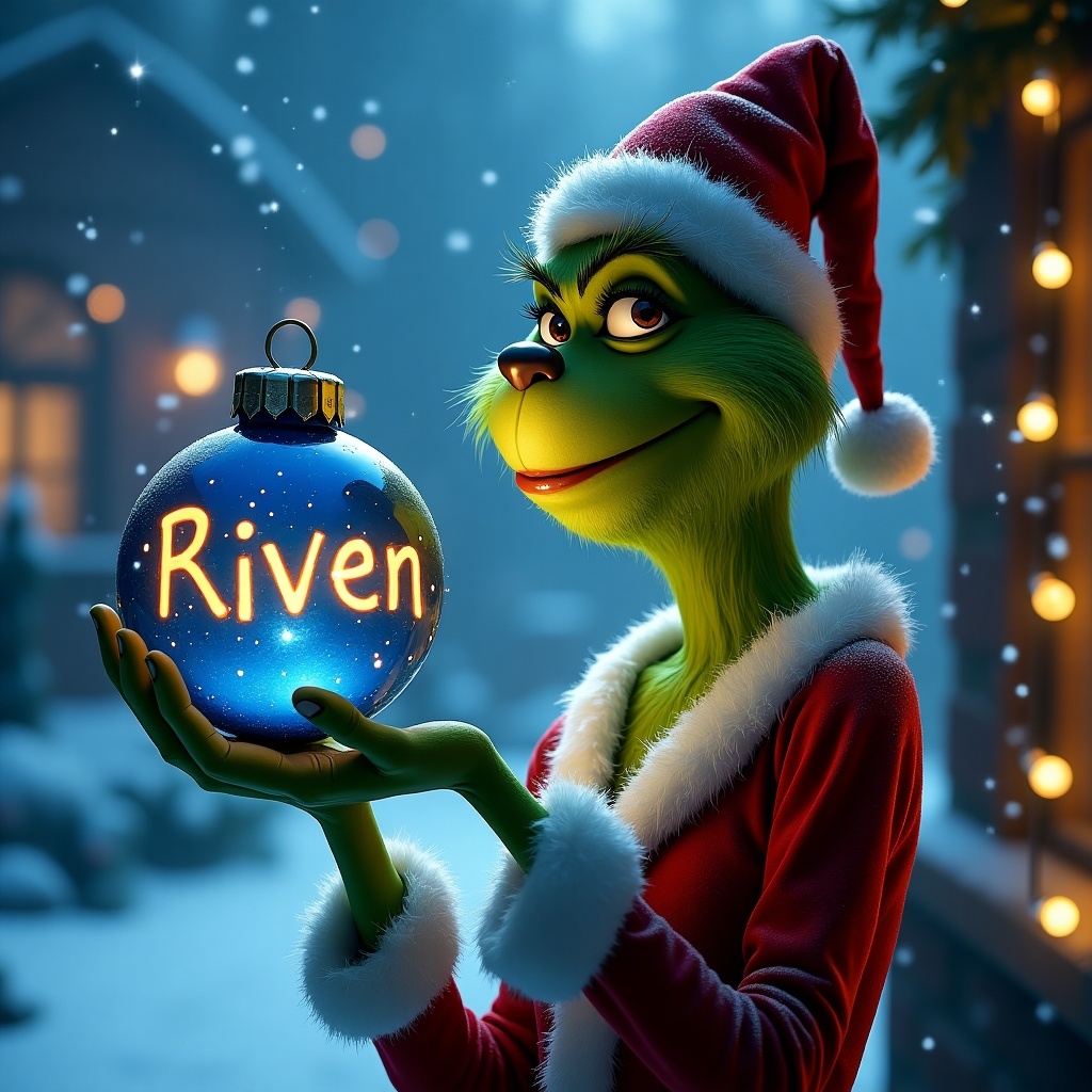 The Grinch in a snowy wonderland holding a blue Christmas bauble. Bauble has the name 'Riven' in Grinch script. Twinkling lights create a festive ambiance.