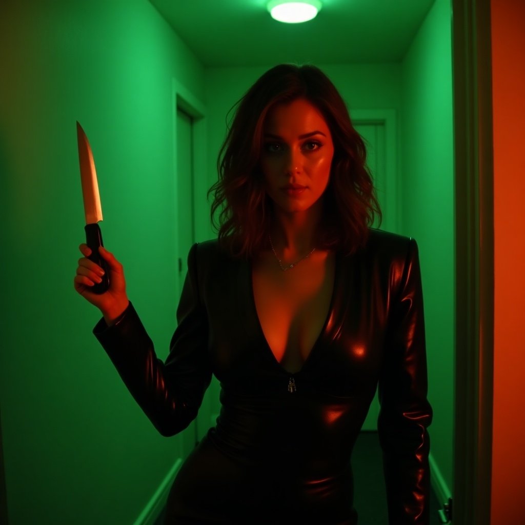 Woman in dark shiny attire holds knife. Green and red lights create dramatic shadows.