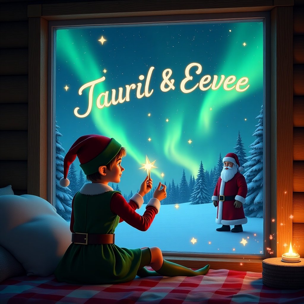 The image depicts an enchanting Christmas scene viewed from the inside of a cozy cabin. An elf, with its back to the viewer, is seated and looking out toward the night sky. Using a magic wand, the elf elegantly writes 'Tauril & Eevee' in glowing letters among the stars. In the background, vibrant northern lights dance across the sky, lighting up the landscape filled with snow-covered trees. Santa Claus is seen in the distance, adding to the magical ambiance of the scene.