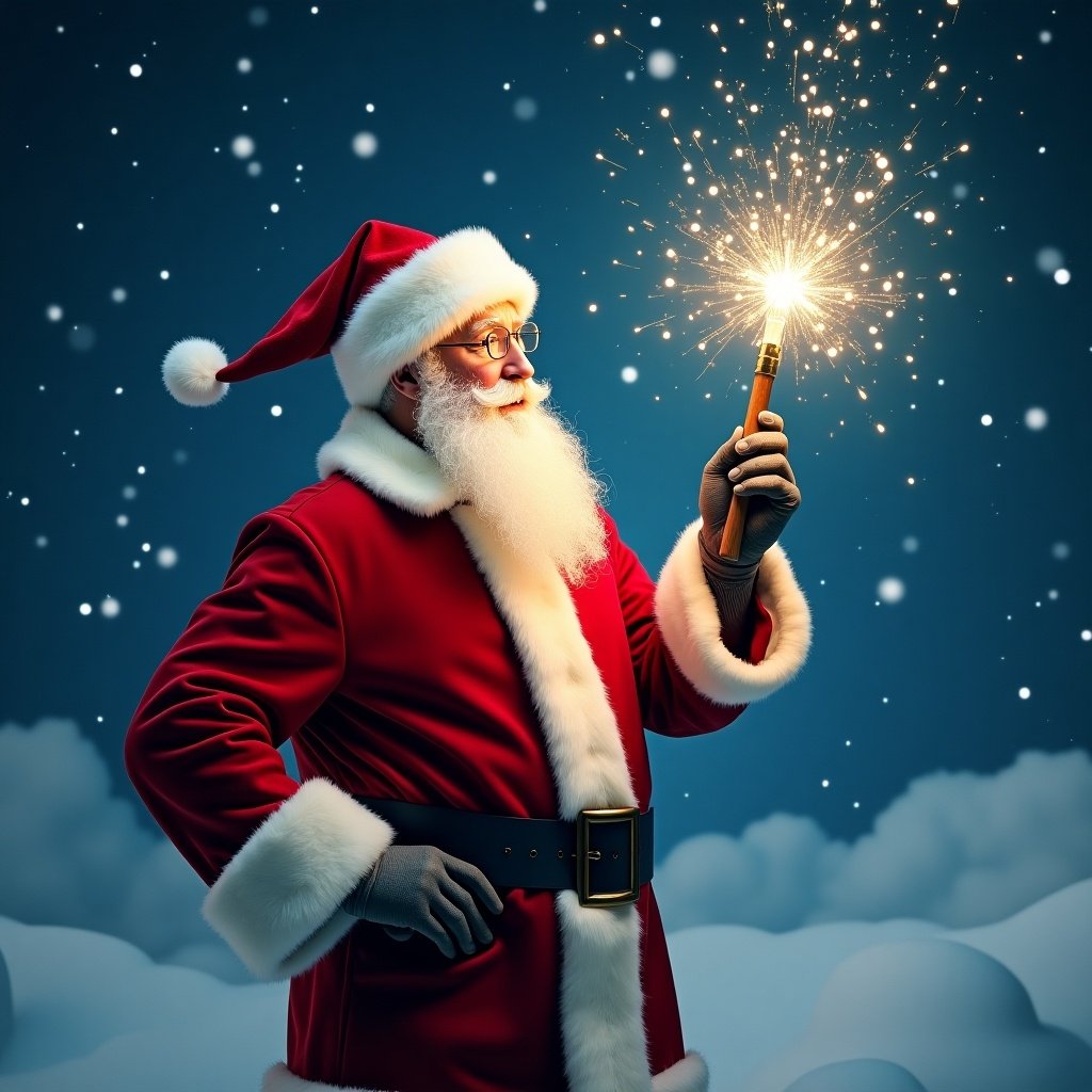 Santa Claus is writing in the sky with a sparkling wand. Snow is falling softly in the background. Santa is dressed in a classic red suit with a fluffy white trim and a matching hat.