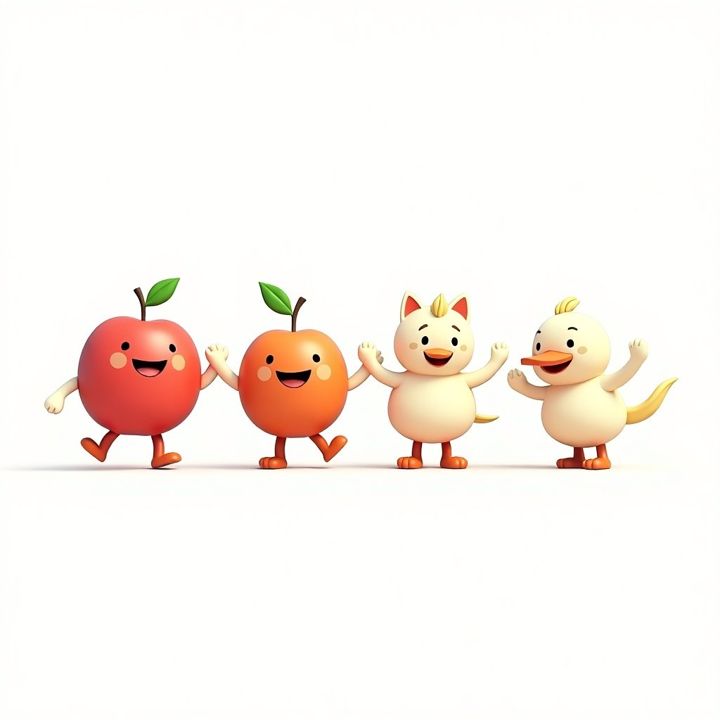 Cartoon characters depicted as an apple an orange a cat and a duck. All characters display cheerful expressions. They look designed for children with rounded faces and colorful outfits. The characters dance joyfully against a plain white background. Perspectives show front side back and 3/4 view of each character.