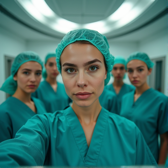 A group of surgeons in green scrubs and caps, standing in an operating room.