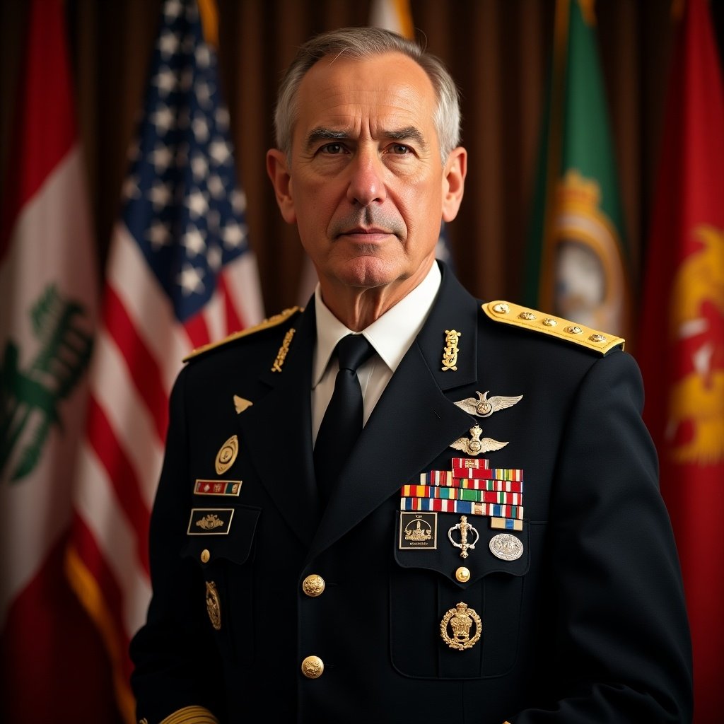 A man dressed in a general's uniform stands confidently. He showcases various medals and insignia on his uniform. The background features flags. The lighting gives a warm glow. Themes of leadership and patriotism are present.