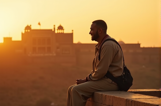 A person sits on a ledge at sunset, with an ancient fort in the background.