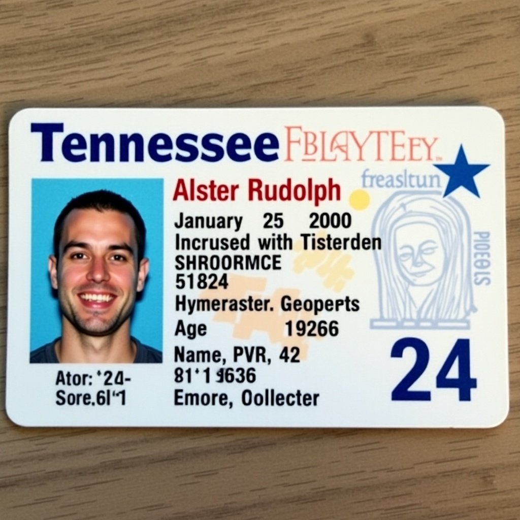 Tennessee driver's license shown. Name is Alister Rudolph. Date of birth is January 25, 2000. Shows age of 24. Issued in Franklin, Tennessee. Important for identification in the U.S.