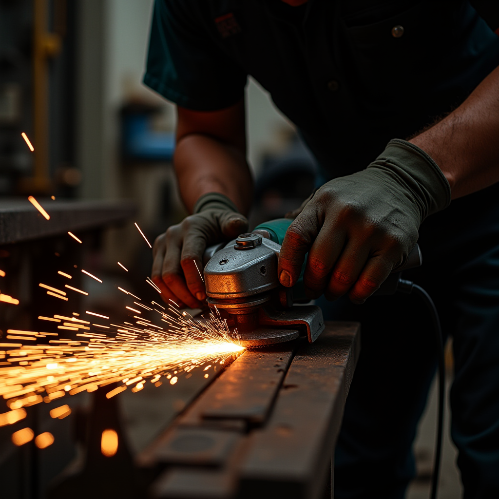 A close-up of a worker using a grinding tool on metal, creating bright sparks.