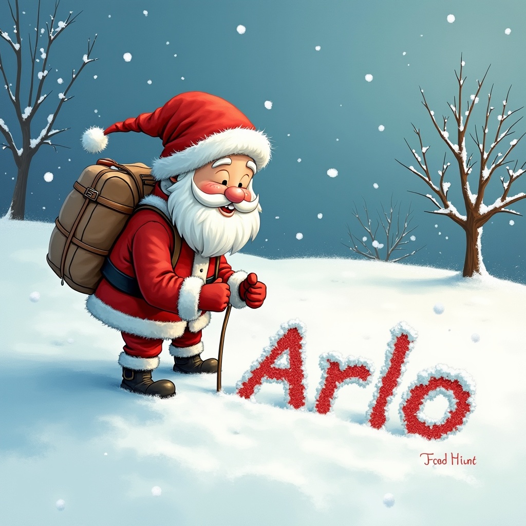 The image depicts Santa Claus cheerfully writing the name 'Arlo' in the fresh snow with a wooden stick. He is dressed in his classic red suit, complete with a fluffy white beard and a joyful expression. In the background, there are bare trees lightly dusted with snow, set against a bright blue sky. The scene embraces a magical winter feel, perfect for Christmas cheer. Santa appears to be on a snowy adventure, bringing joy and warmth to the chilly environment.