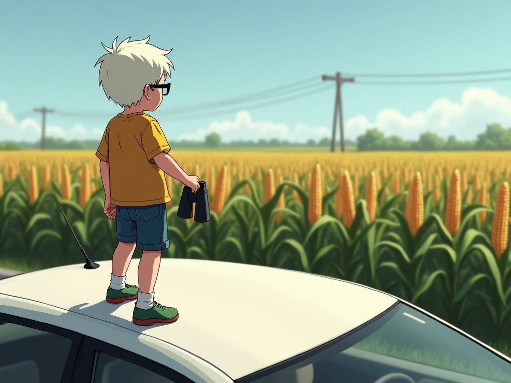 A young boy stands atop a car, peering out over an expansive cornfield with a pair of binoculars in hand. The scene captures a warm, sunny day, with the golden corn stretching far into the horizon under a clear blue sky. Power lines and distant trees frame the landscape, giving it a sense of rural tranquility.