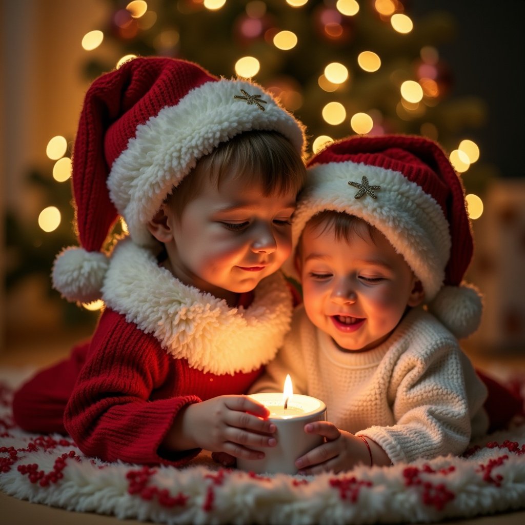 Christmas photo featuring two children in Santa hats. Soft lighting creates a warm and cozy atmosphere. A candle is held by the children. Background has Christmas decorations.