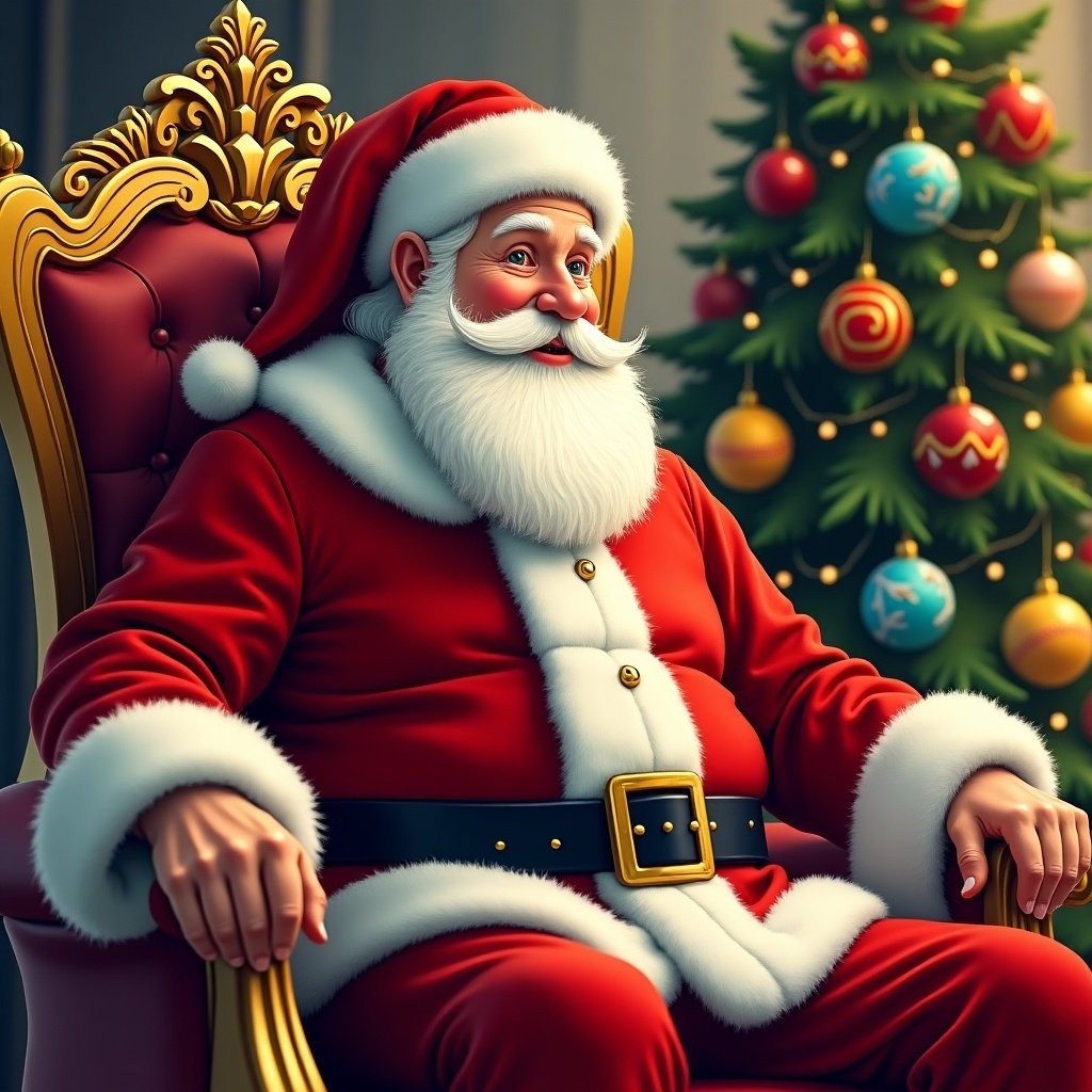 Santa Claus in a red suit with white trim seated on a throne. Christmas ornaments scattered around. Christmas tree with colorful baubles in the background. Warm and cheerful holiday atmosphere. Illustration captures the magic of Santa preparing for gifting season.