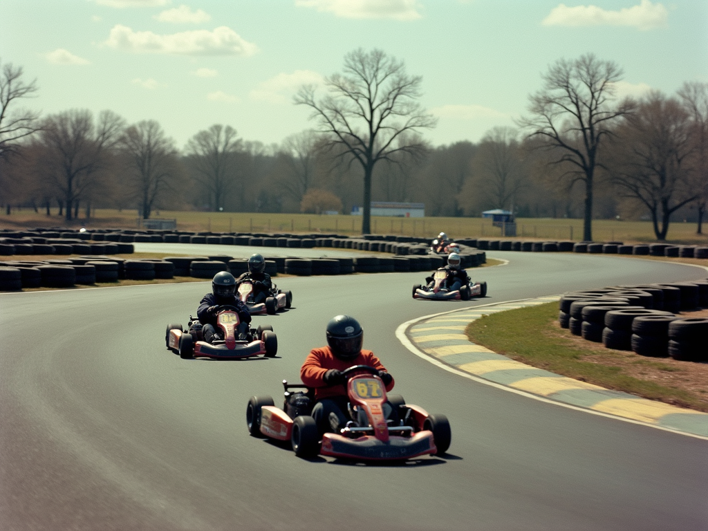 Four go-karts speed along a winding track on a sunny day, surrounded by tire barriers and bare trees.