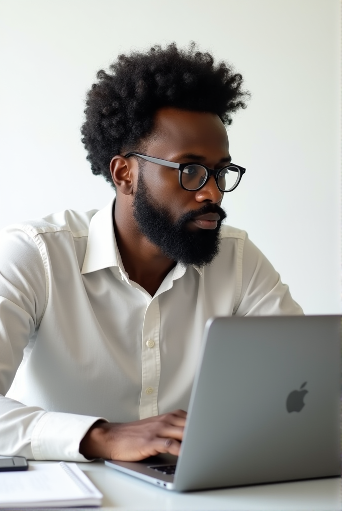 A man working intensely on his laptop with a calm expression.