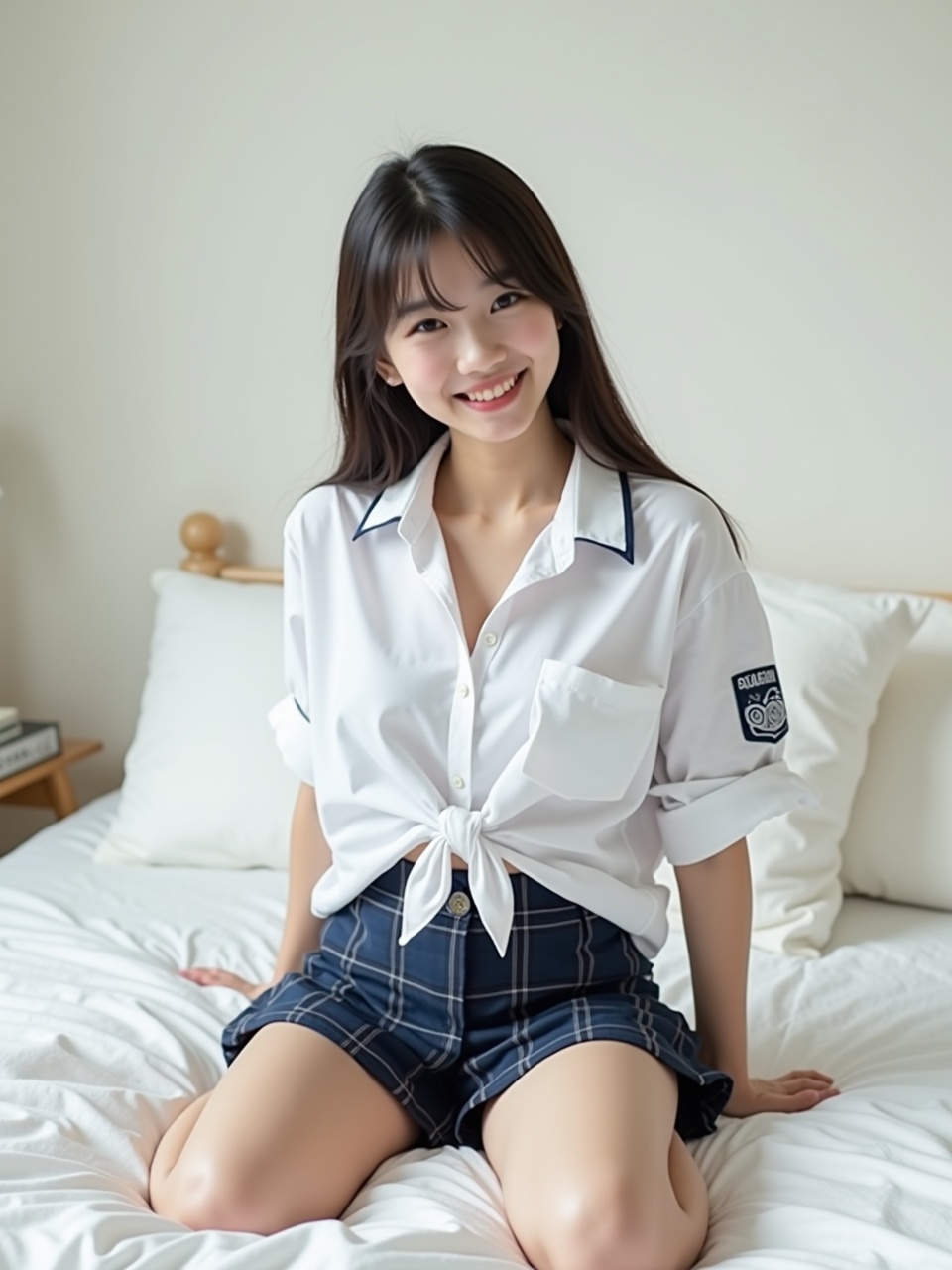 The image features a young woman sitting on a bed, smiling warmly at the camera. She wears a white shirt tied at the waist and dark plaid shorts, exuding a casual and relaxed vibe. The setting is simple and clean, with a soft-focus white background enhancing the peaceful atmosphere.