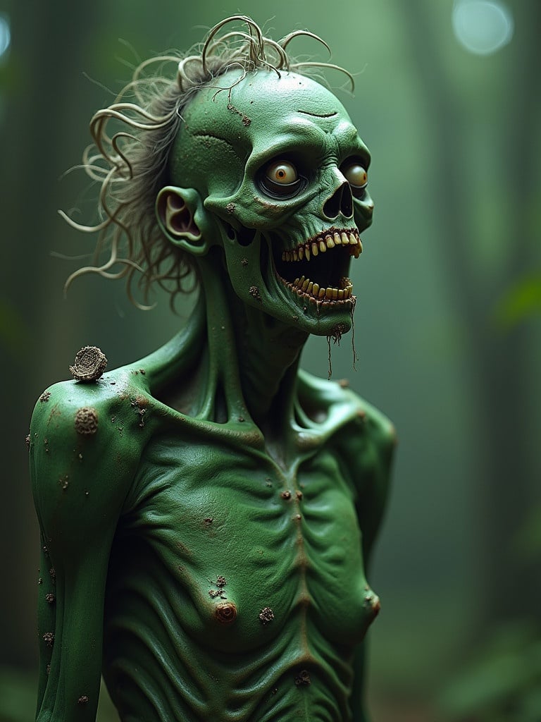 Zombie-like figure stands amidst a dark forest. The figure has dark green veins and peeling skin. Wispy hair tumbles from the head. Fungal growths sprout from joints creating a disturbing and unique appearance.