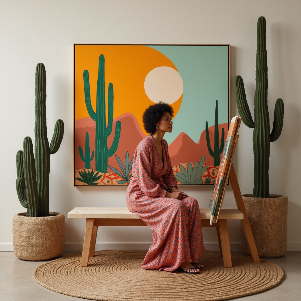 The image depicts a serene indoor setting featuring a woman seated on a wooden bench. She is wearing a flowing, patterned dress and sandals, gazing contemplatively at a canvas on an easel in front of her. The room is decorated with a vibrant, desert-themed painting hanging on the wall, showcasing tall cacti, mountains, and a large sun against a contrasting blue sky. The floor is adorned with a round woven rug, and two tall potted cacti flank the scene, adding to the desert-inspired decor. The overall ambiance is calm and reflective, combining natural and artistic elements in harmony.