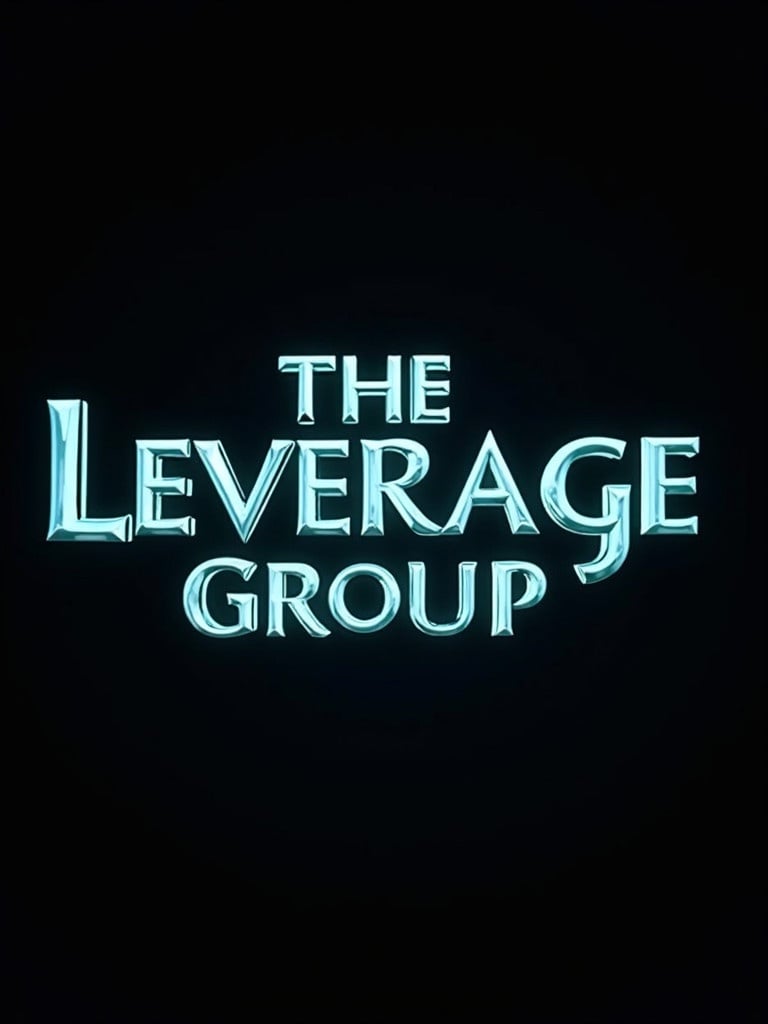 3D chrome letters spell The Leverage Group. Text glows with blue and teal light. Black background enhances design. Evokes elegance and sophistication. Letters reflective and uniform in size. Creates luxurious contrast.