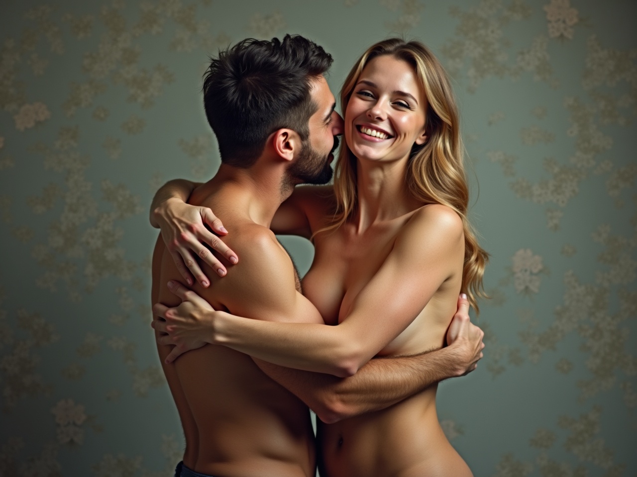 This image captures a romantic moment between a couple, showcasing their intimacy and affection. The couple is linked in an embrace, conveying warmth and connection. Their smiles reflect joy and happiness, creating a light-hearted atmosphere. The background features a soft, patterned wallpaper, adding to the overall mood of love and tenderness. This photograph emphasizes human connection and the beauty of relationships through their pose and expressions.