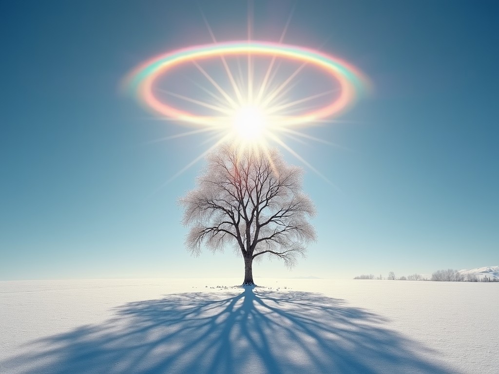 This serene image features a lone tree standing in a vast snow-covered field under a clear, bright blue sky. The sun is positioned directly above the tree, creating a spectacular halo effect with vibrant colors. The long shadows cast by the tree stretch across the pristine white snow, adding depth and dimension to the composition.