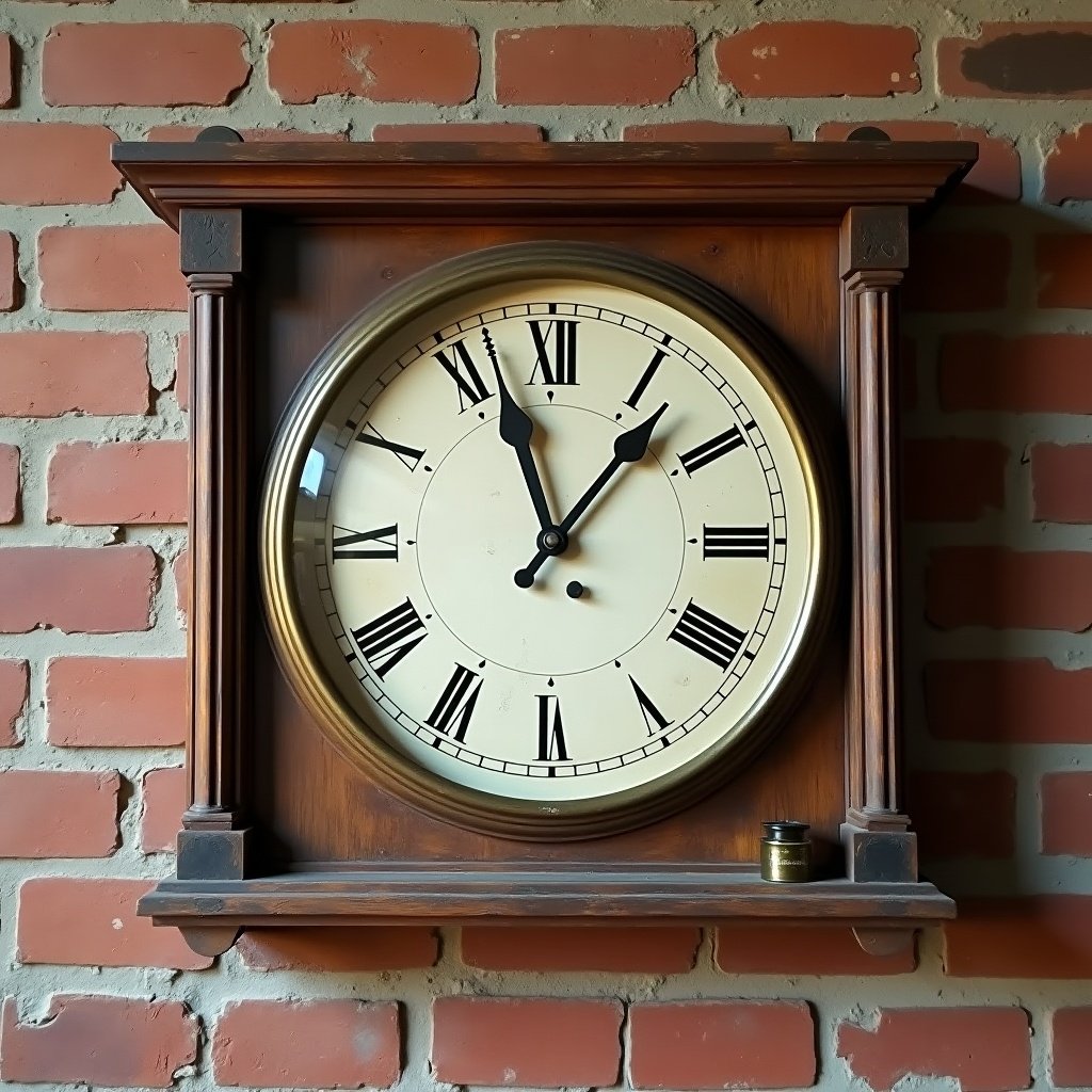 An old wall clock at 8 o'clock with an old wooden frame hanging on a brick wall.