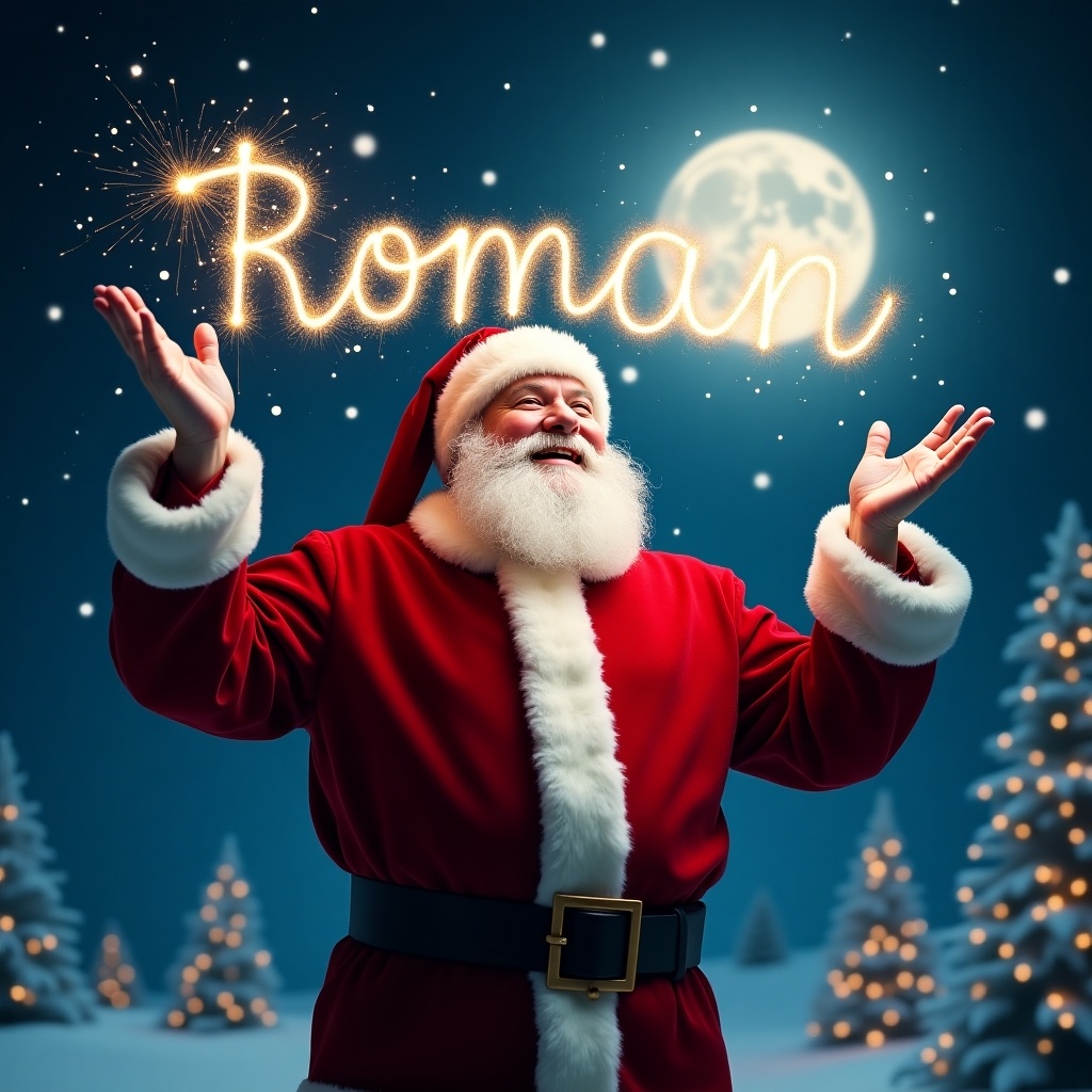 Image depicts Santa Claus in a red suit creating sparkles in the air. Magical night sky filled with stars. The name 'Roman' is illustrated with lights. Bright moon enhances the festive atmosphere. Captures Christmas joy and spirit.