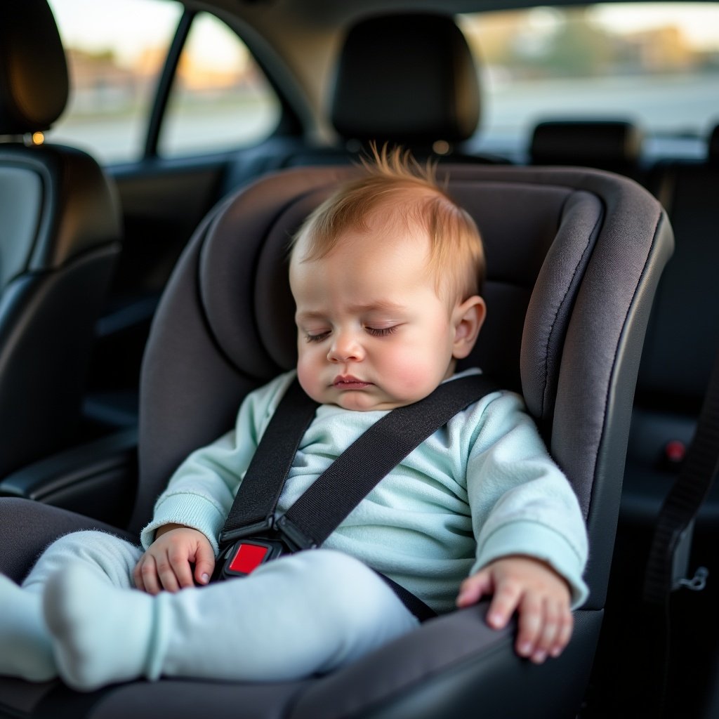 The baby sleeping peacefully on a child seat in the car