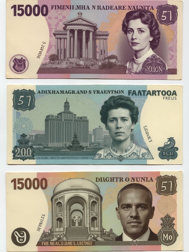 Image shows three banknotes from Bahrain. Each note features historical landmarks and notable figures on one side with a denomination printed. Background is a subtle pastel color. The notes represent the cultural and economic aspects of Bahrain.